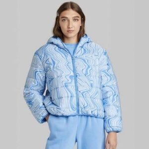 Light Blue Swirl Print Puffer Jacket